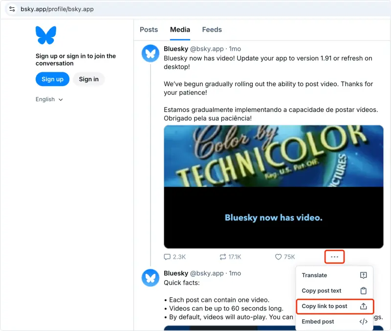 Bluesky video downloader: copy Bluesky post link using menu