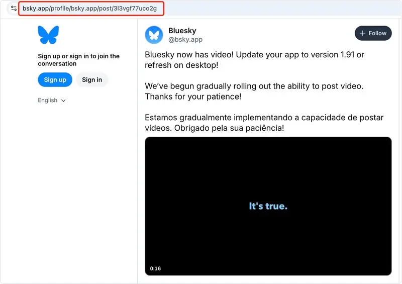 Bluesky video downloader: copy Bluesky post link from address bar